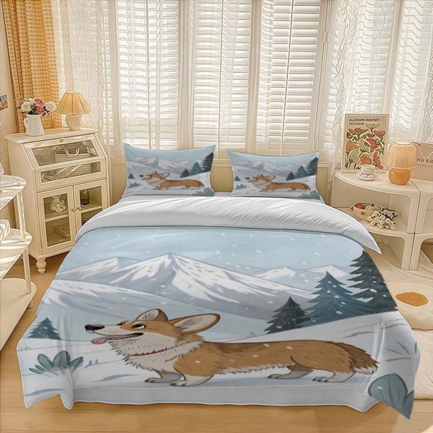 3pcss Snowy Corgi Winter Fun Corgi Winter Fun in The Snow Theme Bedding 3pcs Set Duvet Cover Pillowcase Set Soft