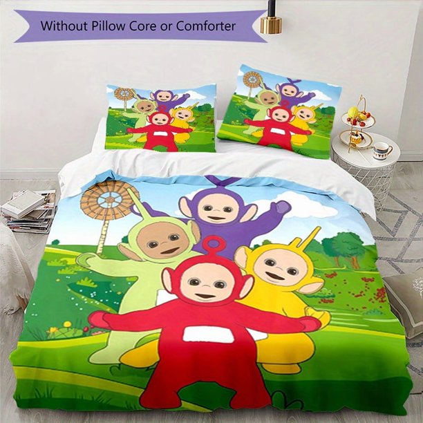 Teletubbies-Inspired 3pcs Bedding Set - Includes 1 Cover & 2 Pillowcases, Breathable Polyester, Machine Washable - Perfect for All Seasons S1088
