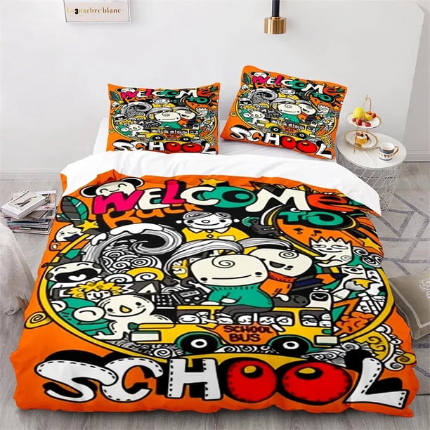 v559 Bed Sheets Graffiti Hip Hop Modern Street Art Bedding Set,Duvet Cover Bed Set Quilt Cover Pillowcase,King Queen Twin Size Boys Girls Adults 3-Piece Bedding Set (1 Duvet Cover + 2 Pillow Shams) Be