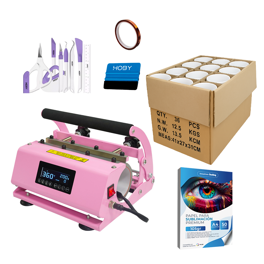 Sublipress - Kit Estampadora De Tazones Doble Color Rosa + Caja De 36 Tazones