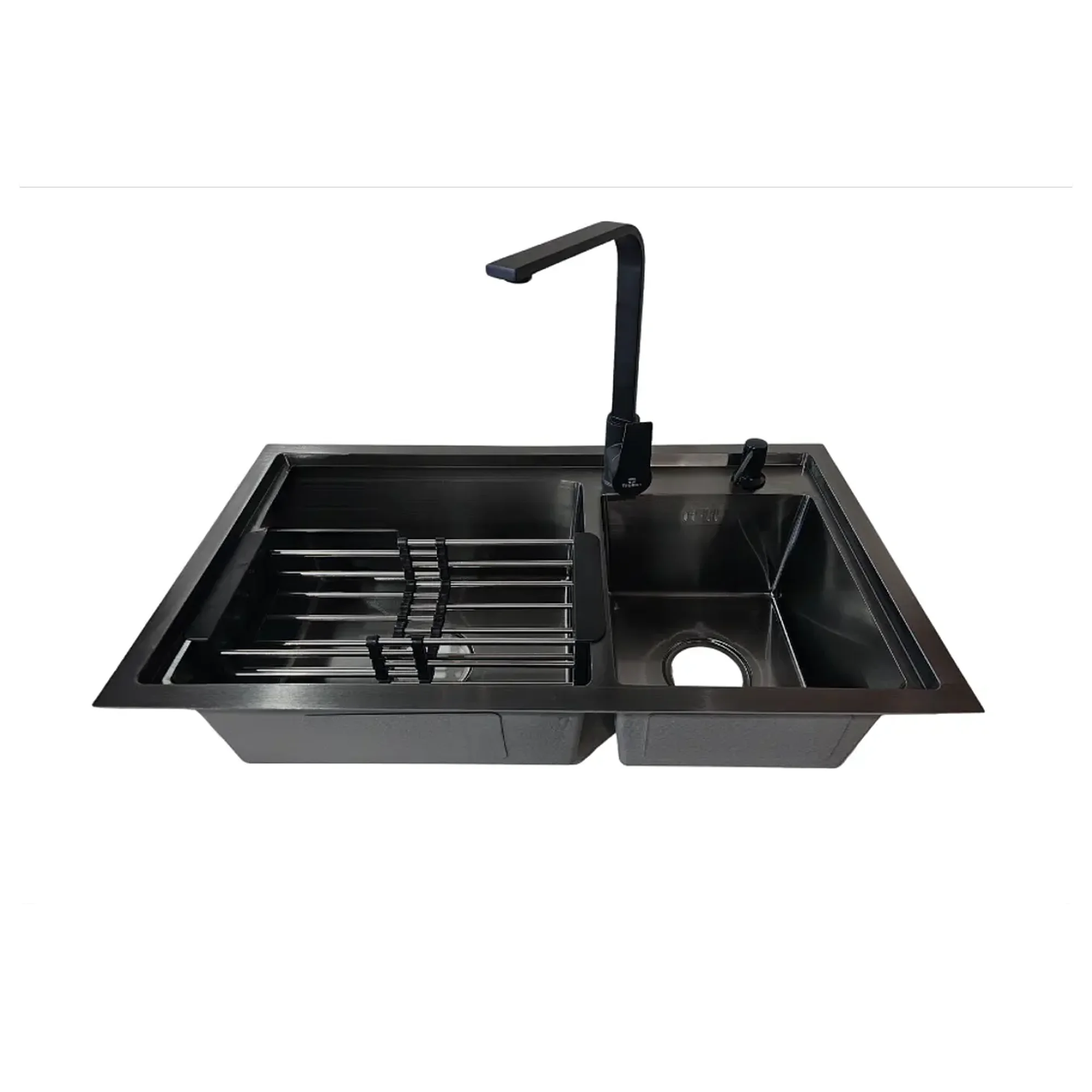 Modern Space - Lavaplatos Curvo 78x43 Cm Deluxe De Acero Inoxidable Para Empotrar Espesor 2mm Color Negro + Rejilla Escurridora, Dispensador De Jabón Y Griferia Notte