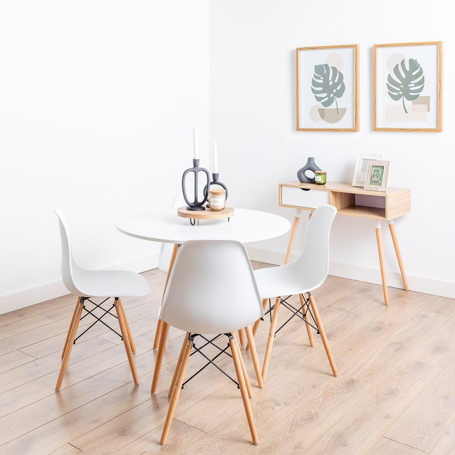 Pandalino - Comedor Redondo Estela Blanca 80cm + 4 Sillas Eames Blanca | Funcional Blanco