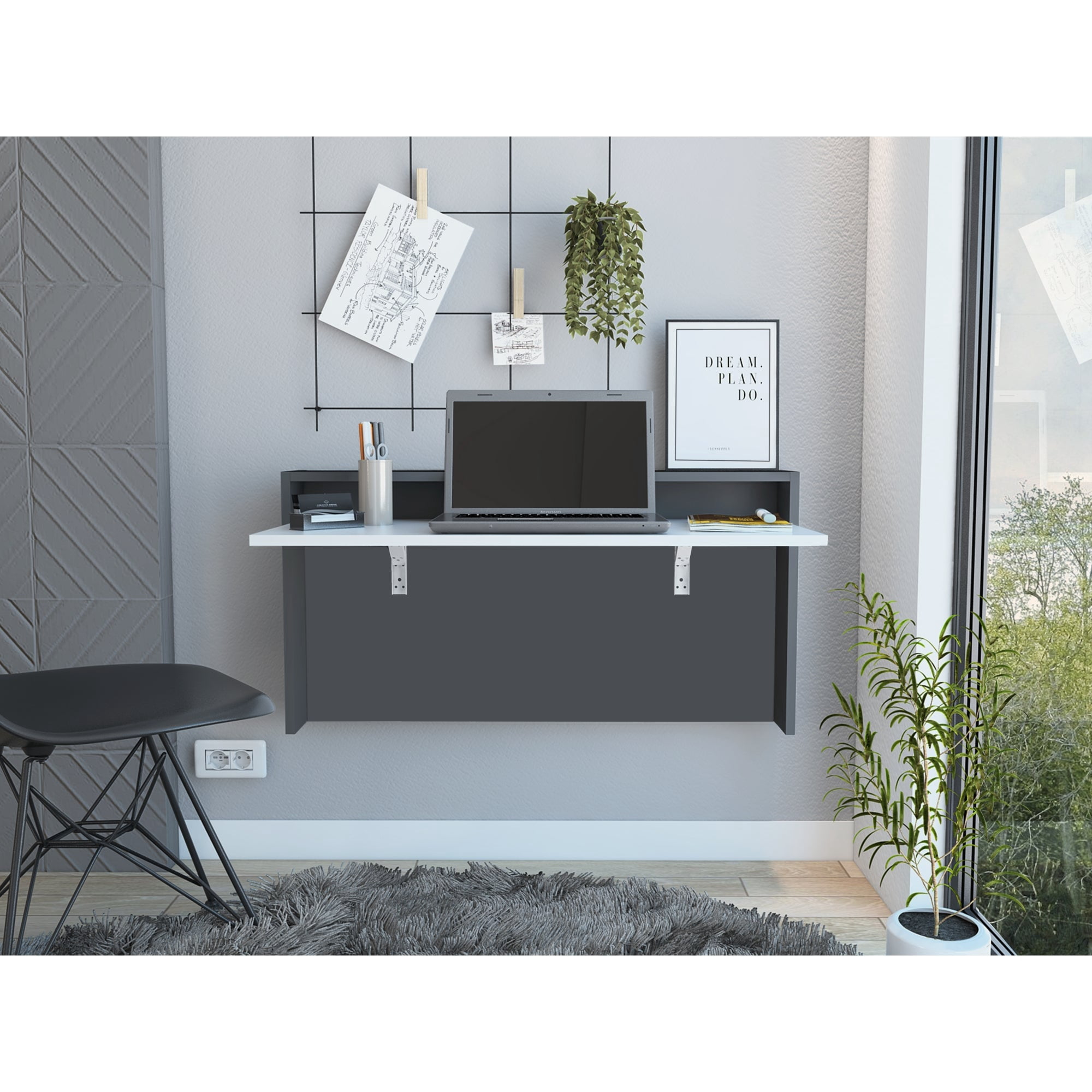 Tuhome - Escritorio The Wall Abatible Plomo Y Blanco 51,5x100x45,8 Cm