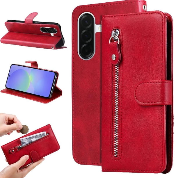 Funda tipo cartera para Samsung Galaxy A37 con bolsillo con cremallera y ranuras para tarjetas – Función de soporte Rojo