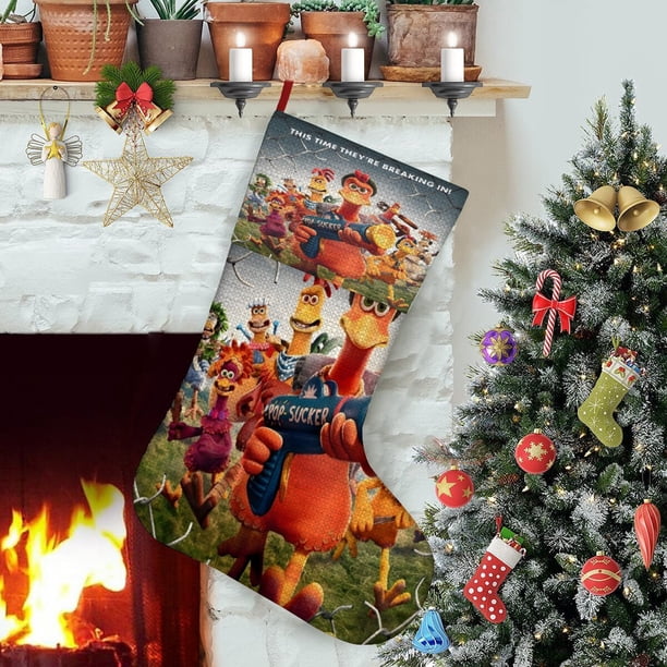 Pollitos en Fuga Tema: Calcetines de Navidad, fino lino blanco para colgar en escaleras y chimenea, decoración navideña para el hogar, regalo de Navidad.54cm×38cm