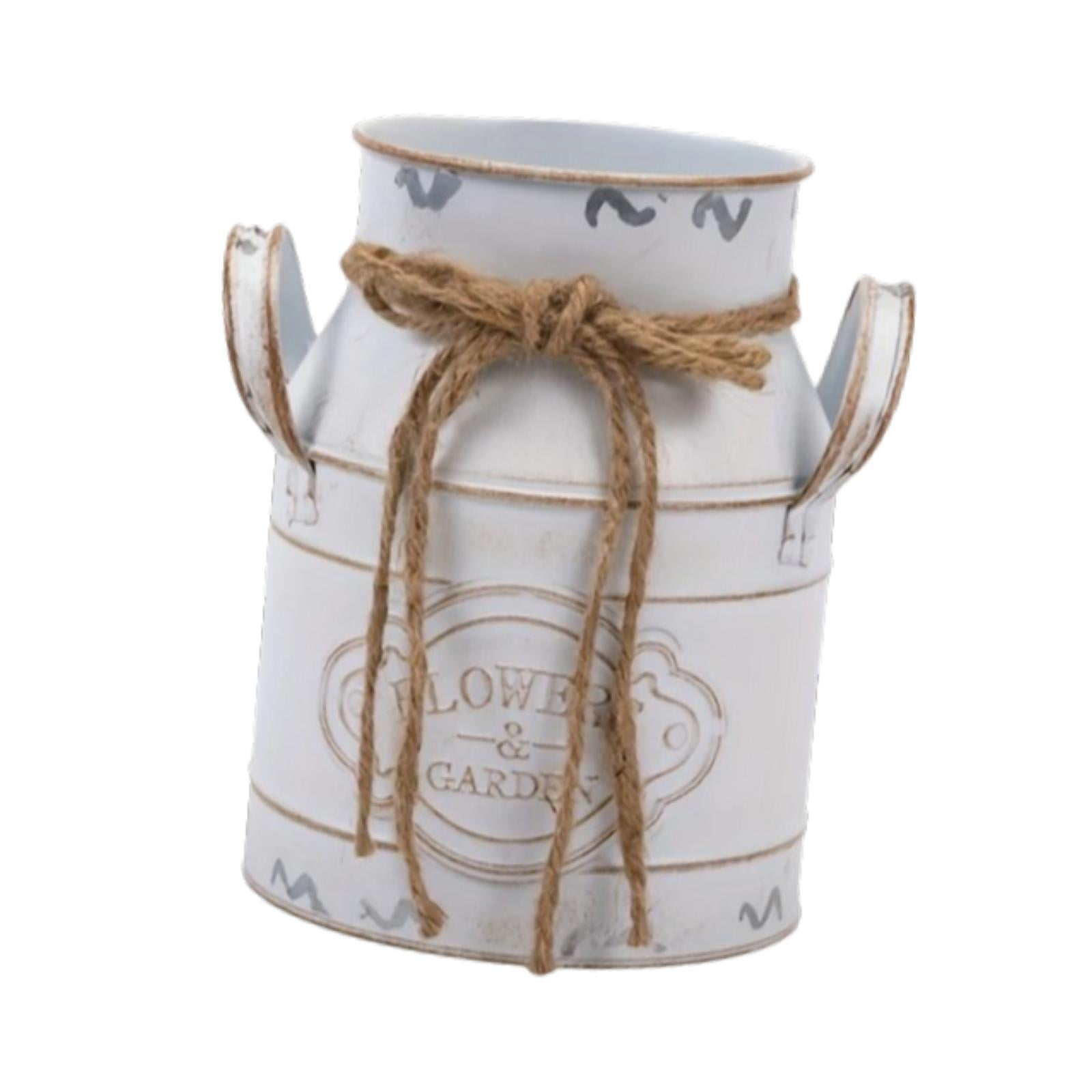 Magideal - Decoración De Lata De Leche De Metal, Jarrón Shabby Chic, Florero De Metal Rústico, Cubo De Granja, Decoración Shabby Chic Francesa Blanco
