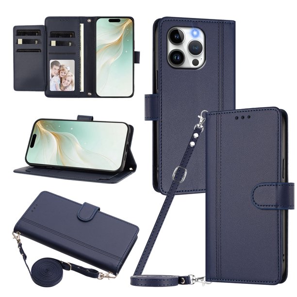 Funda Billetera de Cuero Sintético para iPhone 13 Pro, Azul
