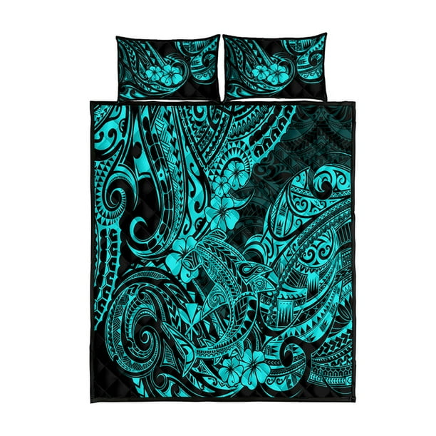 Hawaii Shark Juego de cama edredón Polinesia Patrón Turquesa Versión LT01