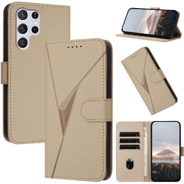 Funda Cartera Fibra de Carbono para Samsung Galaxy S22 Ultra con Soporte y Cierre Magnético Oro