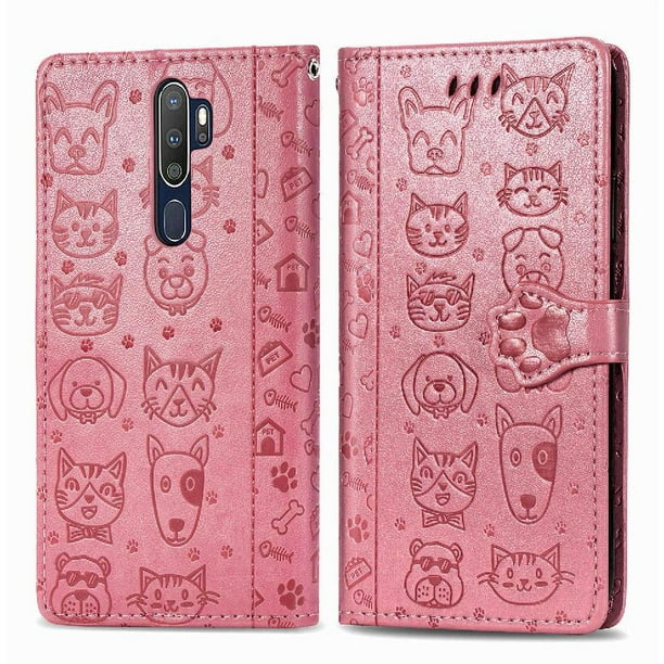 Funda Cartera FOXDOCK para OPPO A5 2020 / A9 2020 , Flip PU con Relieve de Gatos y Perros, Tarjetero y Soporte