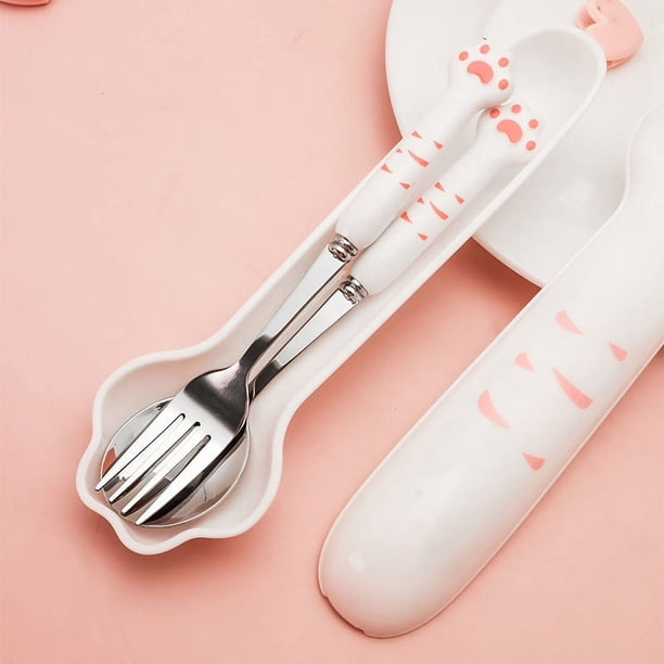 1set Cat Claw Spoon And Fork With Storage Case, Stainless Steel Creative Plastic Handle Cat Paw Spoon Fork Set, Portable Outdoor Tableware With Box