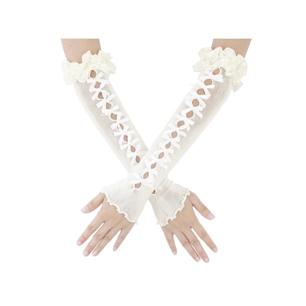 INSPIRE CHIC Guantes largos elásticos con lazo sin dedos para mujer, mangas de satén Y2K Lolita para disfraz de princesa novia, ópera, fiesta de baile, blanco
