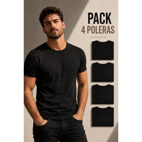 Pack 4 Poleras Basicas Cuello Redondo 100% Algodon 200g Negro Xxl Lisa