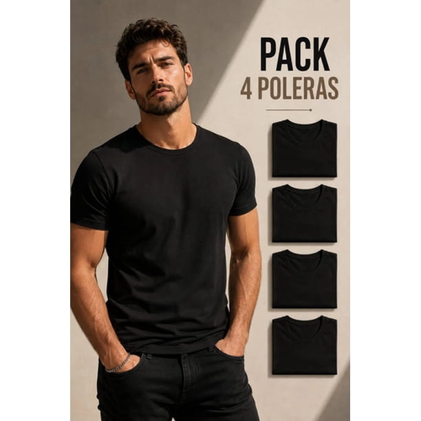 Pack 4 Poleras Basicas Cuello Redondo 100% Algodon 200g Negro Xxl Lisa