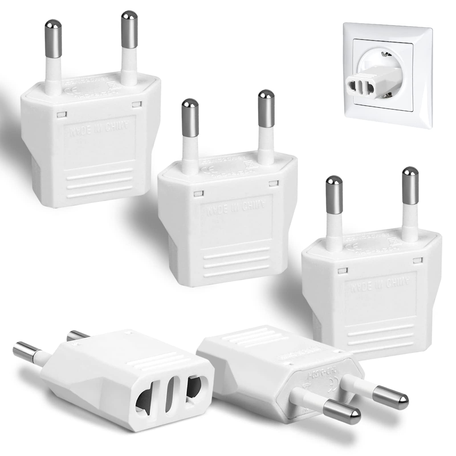 Adaptador De Enchufe Romeda Tipo C Para Viajes Europeos, Paquete De 6, Blanco