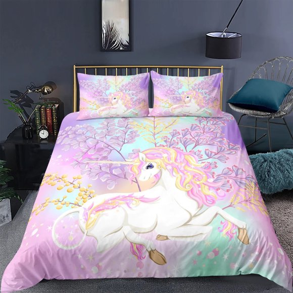 Unicorn Bedding Set King Queen White Pink Unicorn Duvet Cover for Girls Boys Dreamy Cartoon Sparkle Lilac Polyester Quilt Cover Bed Sheets