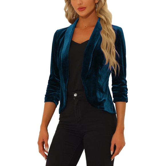 INSPIRE CHIC Chaquetas de Terciopelo para el Día de San Valentín para Mujeres con Manga 3/4 y Frente Abierto Cárdigan de Terciopelo S Azul Pavo Real