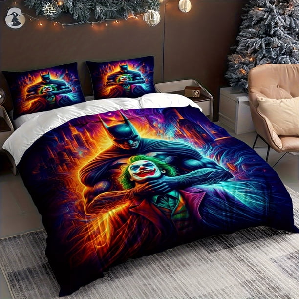 Batman vs Joker Fate Showdown The Dark Knight Conquers Evil Print Innovative Cartoon Design for Single/Double Bed 1 Duvet Cover + 1/2 Pillowcases Soft Light Bei
