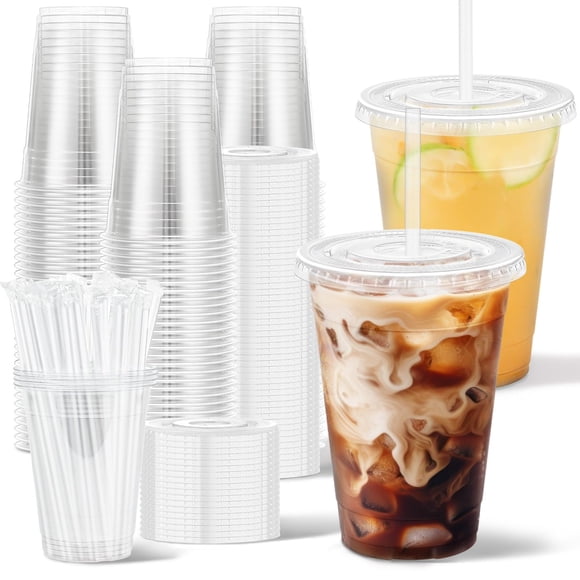 Vasos de Plástico Clawsoff 473 ml Pack de 100 con Tapa y Pajilla