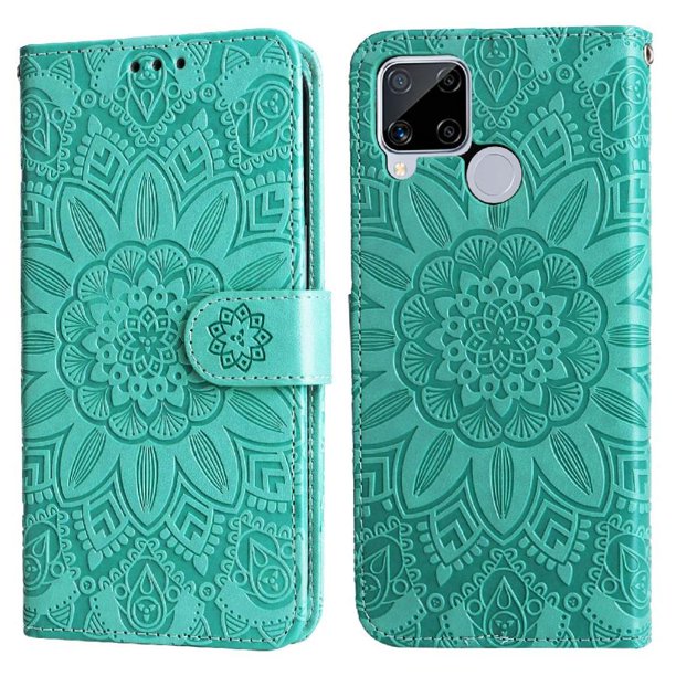 Funda tipo cartera FOXDOCK para Realme C25 , diseño girasol en relieve, cuero PU, cierre magnético, soporte y tarjetero