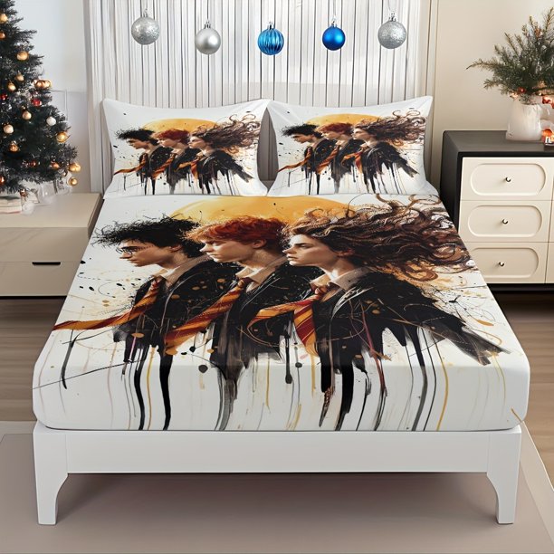 This Fitted Sheet Set Features a Magical Academy Trio Depicting Their Adventures Against Evil Forces The Elastic Design Perfectly Fits The Bed And The Creative