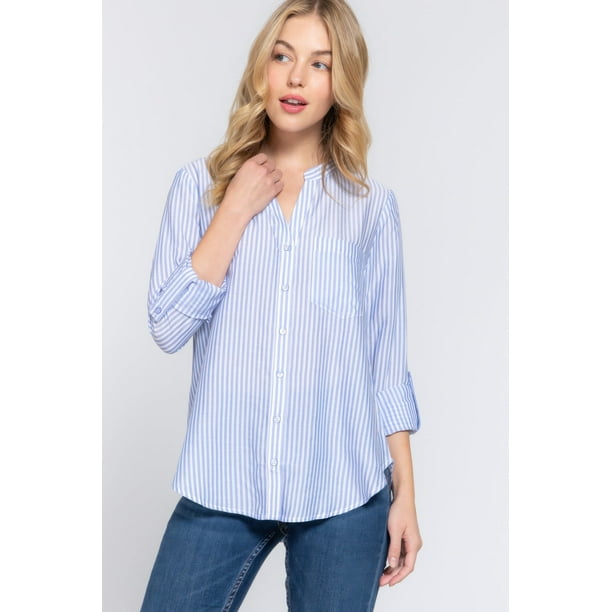 Camisa Tejida a Rayas con Cuello Redondo y Abertura Larga