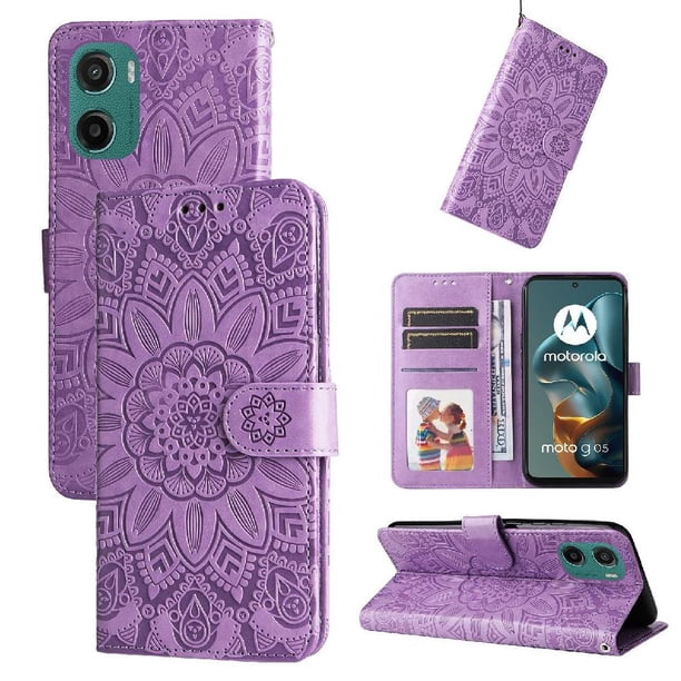 Funda tipo cartera FOXDOCK para Motorola Moto E15 , diseño girasol en relieve, cuero PU, cierre magnético, soporte y tarjetero