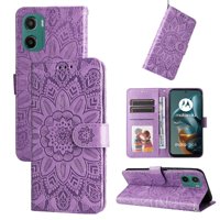 Funda Tipo Cartera Foxdock Para Motorola Moto E15 , Diseño Girasol En Relieve, Cuero Pu, Cierre Magnético, Soporte Y Tarjetero