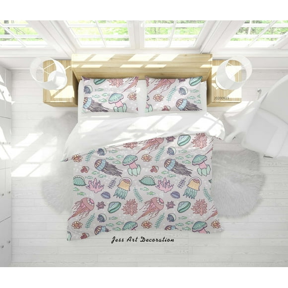 Set De Ropa De Cama Patrón De Conchas Y Medusas Dibujado A Mano 3d