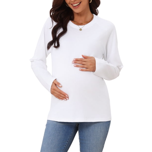 INSPIRE CHIC Camisetas de maternidad para mujeres Cuello redondo sólido Raglán Manga larga Suave Top de embarazo Ropa casual para mamá 2XL Blanco