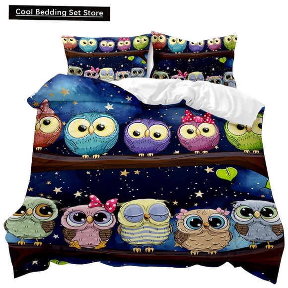 Owl Duvet Cover Set Cute Owl and Stars Decor Comforter Cover Outer Space bedding Set Kids Cute Animal Polyester Qulit Cover Bed Sheets