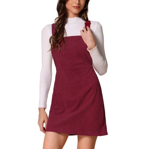 INSPIRE CHIC Falda de Tirantes con Textura de Pana para Mujer, Vestido Pinafore en Línea A para Regreso a Clases con Tirantes Ajustables y Cremallera Lateral, Rojo Vino L