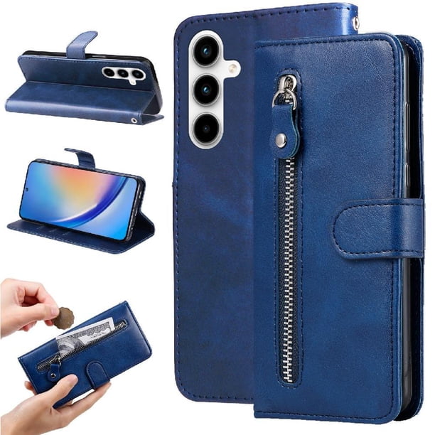 Funda tipo cartera para Samsung Galaxy A35 con bolsillo con cremallera y ranuras para tarjetas – Función de soporte Azul