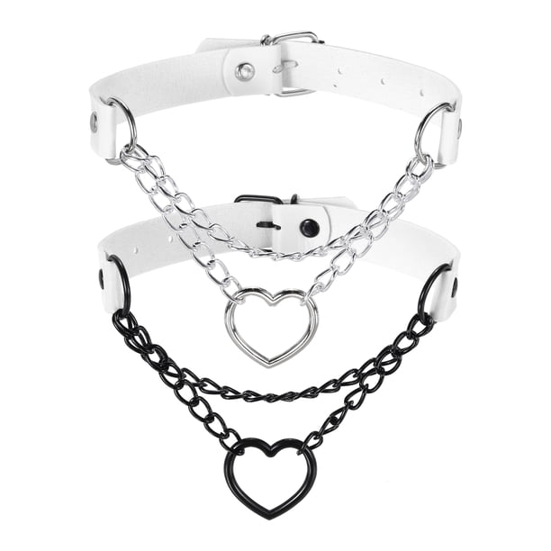 Gargantillas de Cuero PU, Gargantillas de Corazón de Amor Collar Gótico Punk Grunge Emo para Mujeres, Negro/Blanco Plateado, 2 Piezas