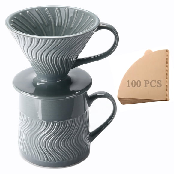 Polydremio Cafetera de goteo pour over con 100 hojas de filtro de papel, taza de café de cerámica de 15 oz y gotero para café, juego para 1 taza, gris