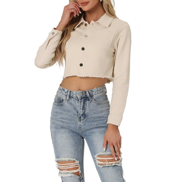 INSPIRE CHIC Chaqueta de Mezclilla Recortada Lavada de Primavera Verano con Botones Desgastados para Mujer Regreso a Clases Beige M