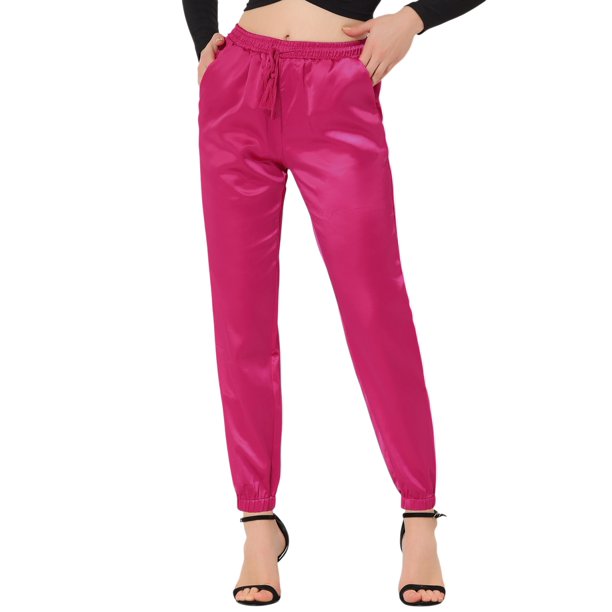 Pantalones de Satén para Mujer INSPIRE CHIC con Cordón, Cintura Elástica, Pierna Recta, Largo al Tobillo, Joggers Elegantes con Bolsillo L Rosa Fucsia