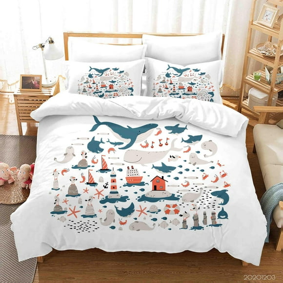 Juego De Funda De Colcha 3d Ballena Faro Estrella De Mar Y Casa Del Océano