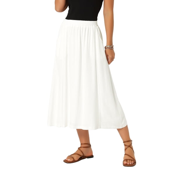 INSPIRE CHIC Falda de Lino para Mujer Verano Casual Flowy Swing Elástica de Cintura Alta A-Line Boho Midi Faldas con Bolsillos M Blanco