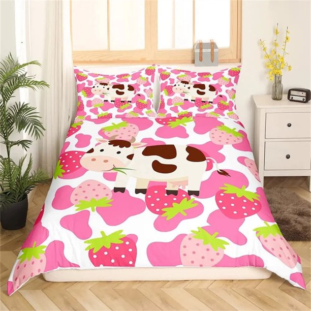 x2100 Bed SheetsMilk Cow Orange Pattern Duvet Cover Cow Holding Oranges Cartoon Fruit Animal Kids Girl White Polyester Quilt Cover Bedroom Decor 3-Piece Bedding Set (1 Duvet Cover + 2 Pillow Shams) nj