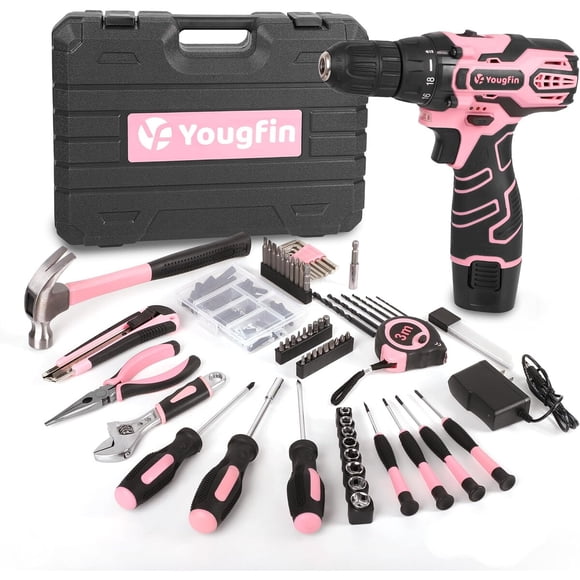Taladro inalámbrico Yougfin 12V 1.5Ah 15Nm Kit 195 piezas Rosa
