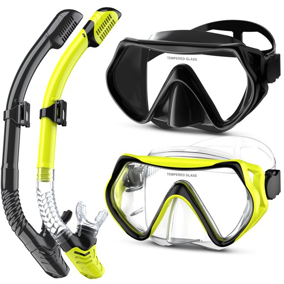 Kit de snorkel MELUMILU para adulto, panorámico antiempañante, negro/amarillo