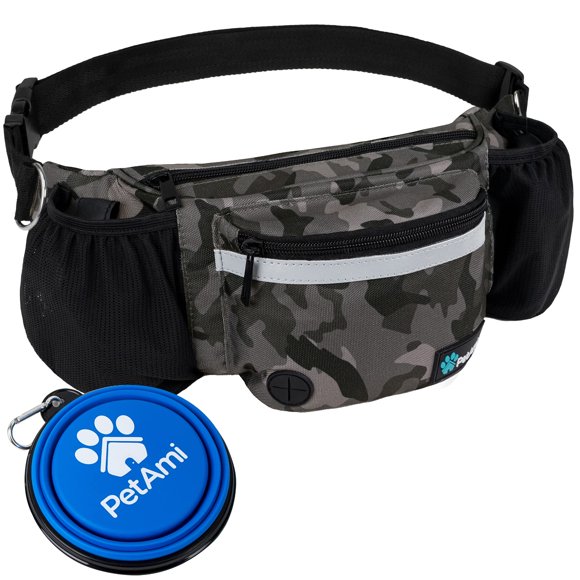Riñonera para perro PetAmi Camuflaje negro con bolsa para premios