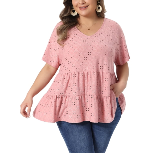 Agnes Orinda Blusa de Mujer Talla Grande con Ojales y Capas, Escote en V, Manga Corta, Estilo Babydoll, Casual de Verano, 1X Rosa