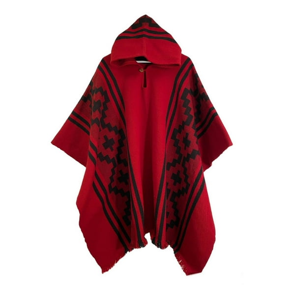 Poncho Con Lana De Alpaca Arauco Unisex Rojo y Negro