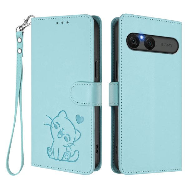 Sony Xperia 10 VII Funda Billetera con Estampado de Gato, Verde Claro