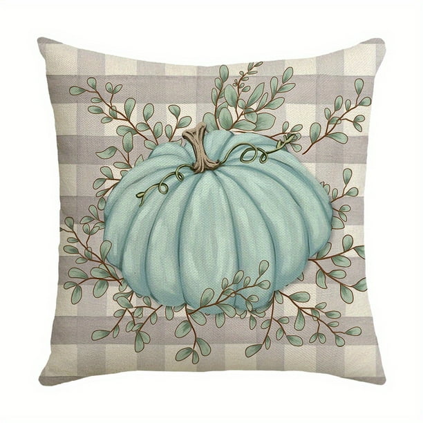 1PC Hello Pumpkin Give Thanks Throw Pillow Cover 17.7x17.7in, Fall Autumn Thanksgiving Eucalyptus Leaves Harvest Decoration For Home