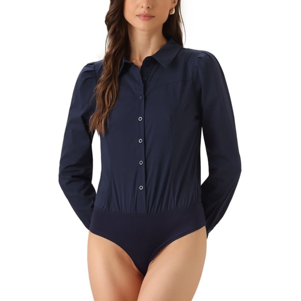 INSPIRE CHIC Camisa Leotardo para Mujer con Cuello Casual de Negocios con Botones y Mangas Largas Bodysuit Top XL Azul Marino