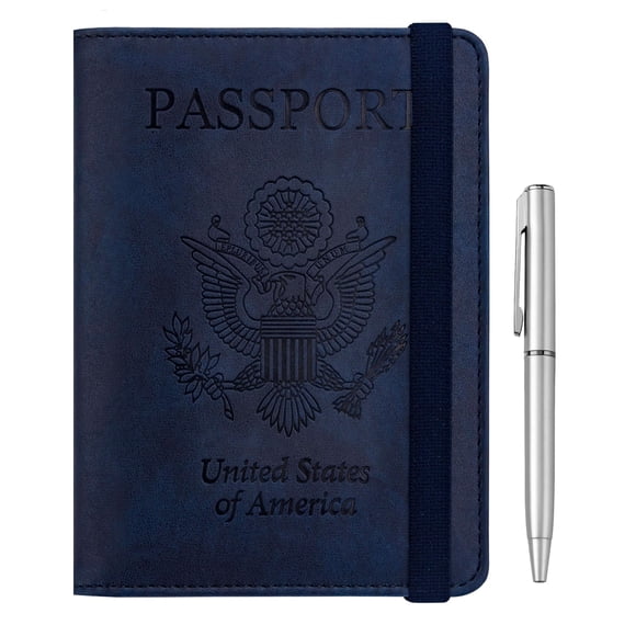 Funda de pasaporte WALNEW RFID de piel sintética con bolígrafo para viajes