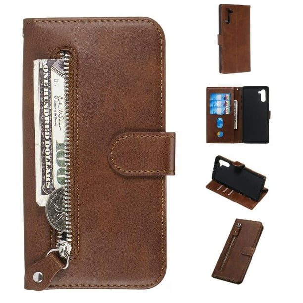 Funda con Cremallera para Samsung Galaxy Note 10, Carcasa Cartera de Cuero PU con Soporte y Tarjetero
